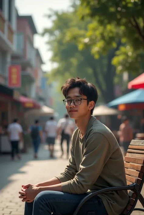 highest quality, Highest image quality, High resolution, photorealistic, raw photo,  Extremely detailed CG unified 8k wallpaper )),  a 25-year-old korean guy in glasses sitting on a park chair on malioboro street yogyakarta, while smoking, staring at the c...