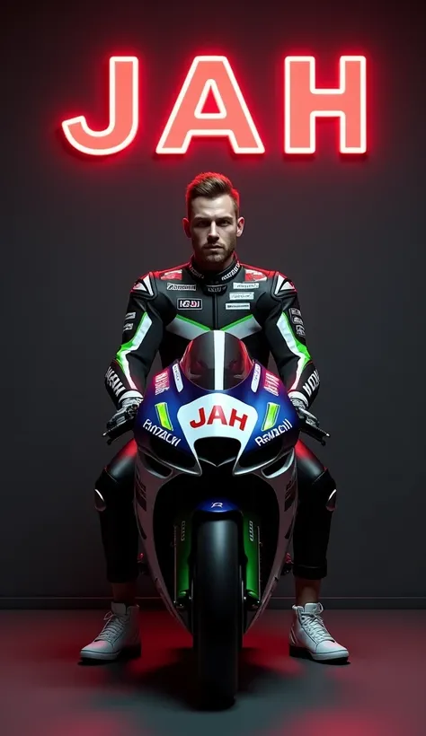 Create 3D image of a man wearing motorcycle racing jacket with name "JAH" written on the front jacket, with human like skin, white sneakers.cassually sitting on a Kawasaki Ninja ZX-6R motorcycle inside dark room. on the wall there is a name "JAH" written o...