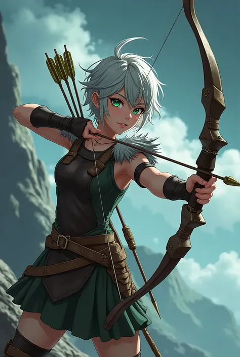 
"4K anime style quality, digital drawing mode, an agile female archer with vivid green eyes, short messy silver hair, wearing a leather tunic with feathered shoulder guards, holding an enchanted bow with arrows tipped in gusty wind magic, standing on a cl...