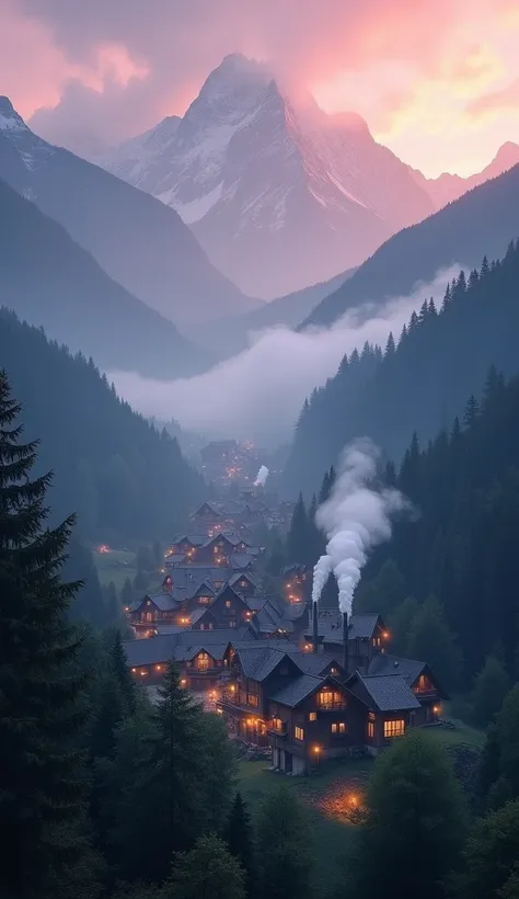 A small village nestled between misty mountains at twilight. The village is quaint with wooden cottages, smoke rising from chimneys, and lush forests surrounding it. The mountains are covered in a light mist, and the sky is painted in shades of purple and ...