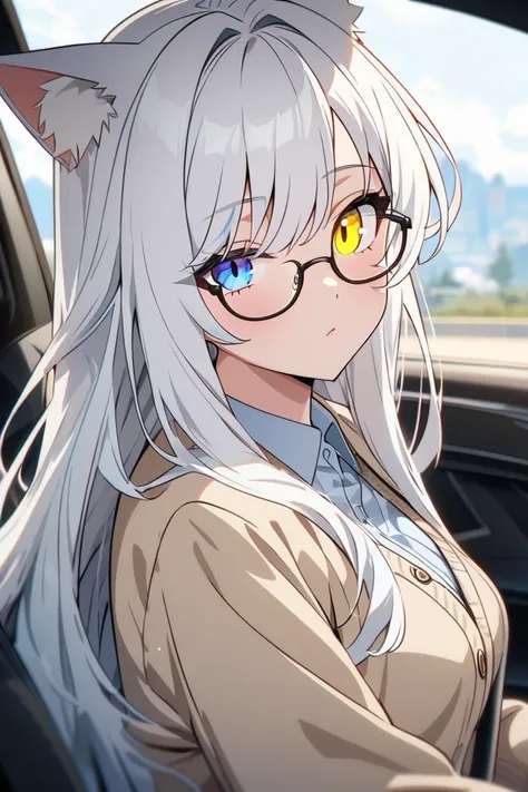 best quality , ultra detailed ,  highres icon ,anime style , from front , look at viewer ,One woman, ((long white hair)), (( Heterochromia,yellow right eye,blue left eye)), cat ears,  medium breasts , long hair, solo, cardigan coordination, wearing glasses...