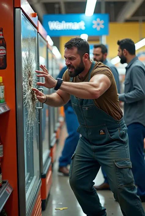 Inside Walmart, a man wearing a operating overall  is punching a refrigerator with wild cola advertising, anger expression, and other staff stops him,