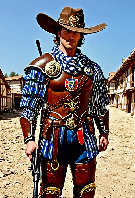 Comics judge dredd in a cowboy themed armor and broad rimmed hat helmet, big badge, huge gun. He is confronting mutant viallain cowboys in an old west town, high noon
