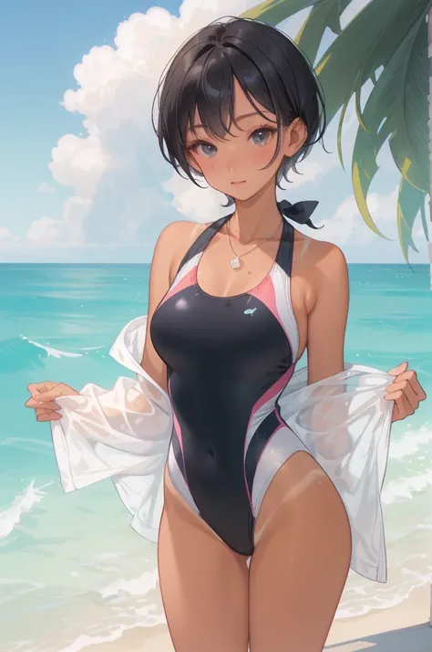 ((standing, open legs widely and baldly))、(Larger breasts:1.5)、((Pastel Colored One-Piece Swimsuit :1.6)))、((Beautiful thighs:1.5))、(Jet Black Eyes、 Black Hair Very Short 、Short Hair:1.5)、((tanned skin:1.7))、((Silver Necklace))、( Shining Strong Sunlight 、D...