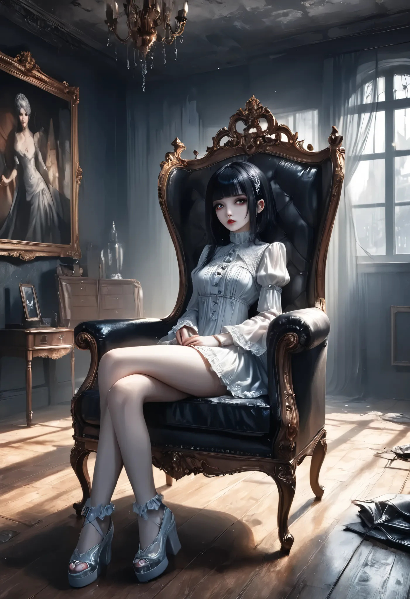 masterpiece, best quality, 8k, highres, ultra-detailed, hdr, uhd, 1girl,darkgothic,transparent white skin,derelict room,sitting ...