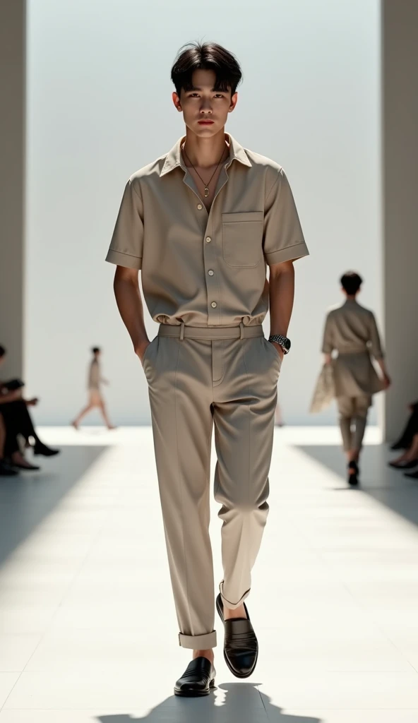 (photorealism:1.2), Handsome japanese man, 25-30 year-old, fashion model, summer season outfit, background is fashion show