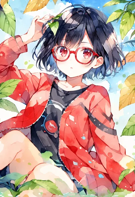 Watercolor colorful,sarada,girl,,solo,black hair,spicky short hair,glasses,red jacket with black linning,blue sky,in leaves,sarada uchiha