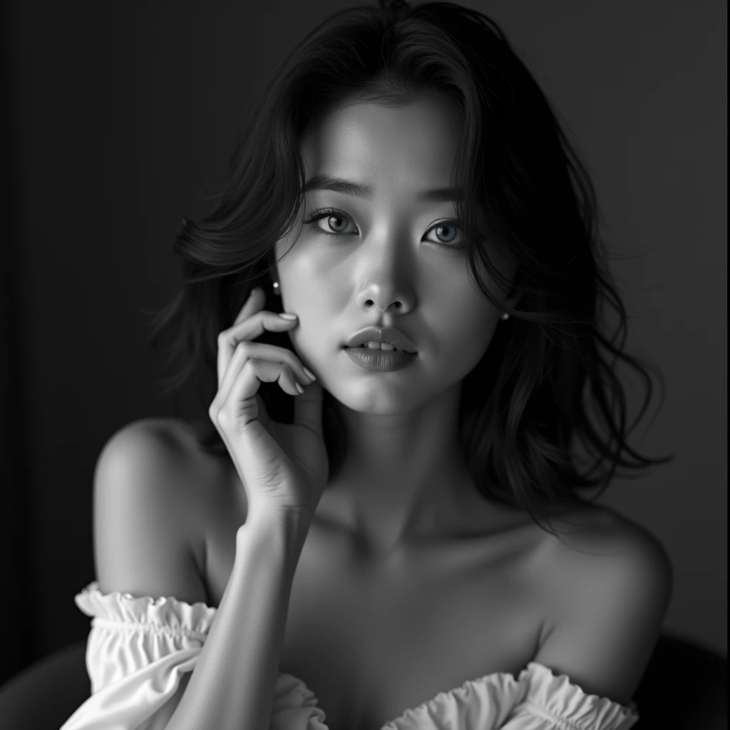 A beautiful Asian female model, about 26-30 years old, A tasteful and artistic black-and-white photograph of a female model, posed with strategic lighting emphasizing form and shadow, romantic, beautiful picture, high detail, realistic image, realistic, go...