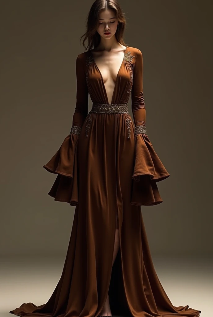 (photorealism:1.2), Brown long gown with two long slits in front and flay long sleeves