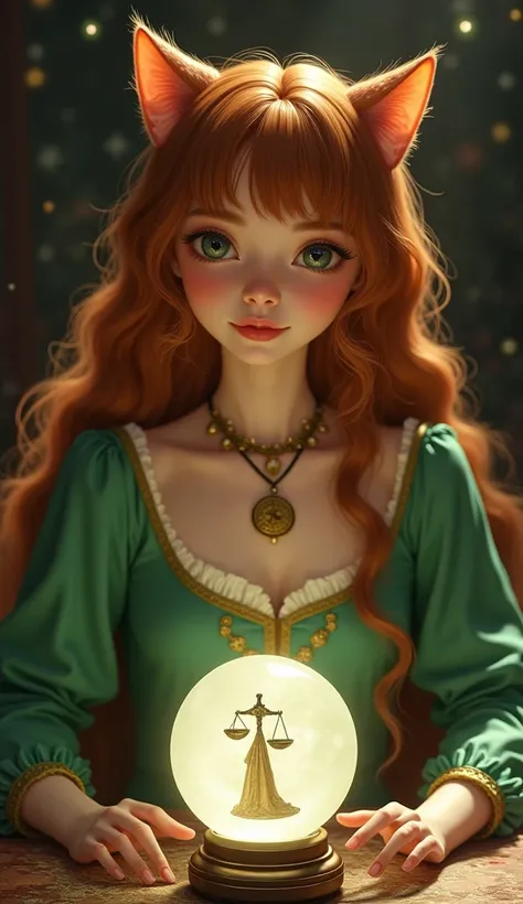 Cat girl:fortune teller、A beautiful, bright face with a smile on her face、 bronze hair with cheese、It looks like fortune telling on a table with one crystal ball that is crystal clear in the stardust room、
Light Green Dress、Libra symbol on crystal ball、Rea...