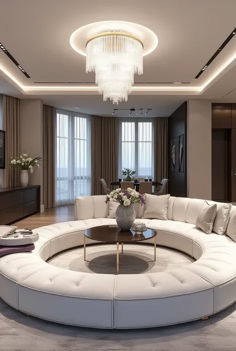 Professional 3d architecture rendering design of modern and minimal and high tech  and French design for  big circular living room with dark wooden  small middle table and 2 small white  marble cube table and  modern  white bone velvet sofa and 2 modern Fr...