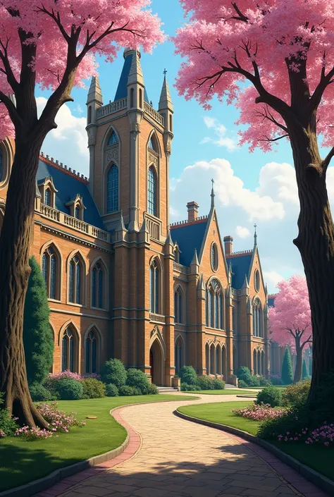 A school with old English architecture with tall buildings for classes, with aome trees with pink flowers
