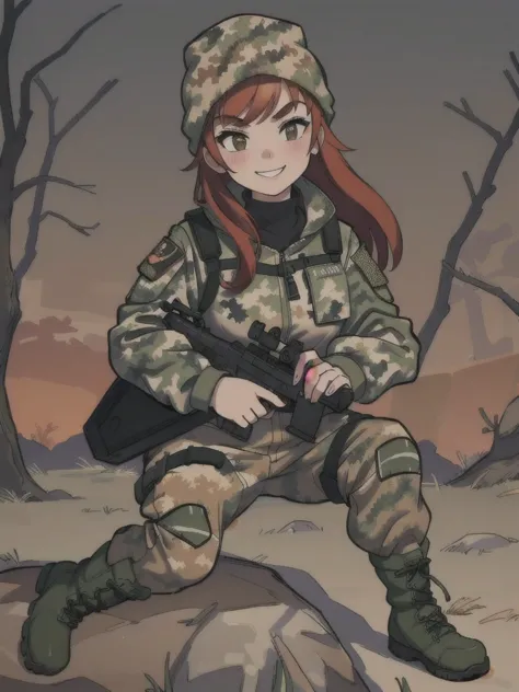 girl with smile and red hair, with a camouflage jacket, tactical glovers, camouflage balaclava, camouflage pants and army boots,...