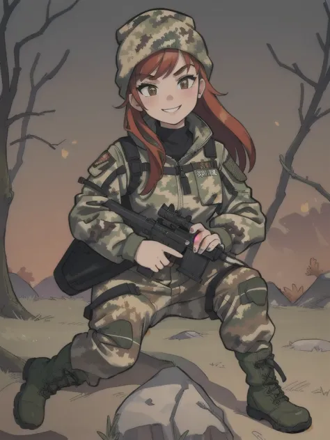 girl with smile and red hair, with a camouflage jacket, tactical glovers, camouflage balaclava, camouflage pants and army boots,...