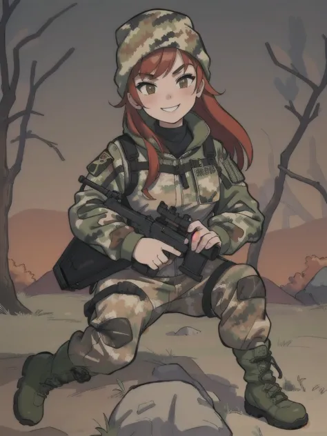 girl with smile and red hair, with a camouflage jacket, tactical glovers, camouflage balaclava, camouflage pants and army boots,...