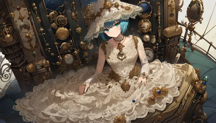 The Witch Who Manipulates Time ,fuzzy witch hat 、blue eyes and green eyes 、Alone,  watching viewers,  sitting, (antique lace dress with embroidery:1.3), ( bronze cog with exposed clockwork part on the back and key details）、( ankle boots with bronze buckles...