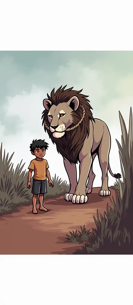 This boy is standing near a lion fearless the lion has a rope in his neck and the boy has the command to the lion the lion is big and good looking