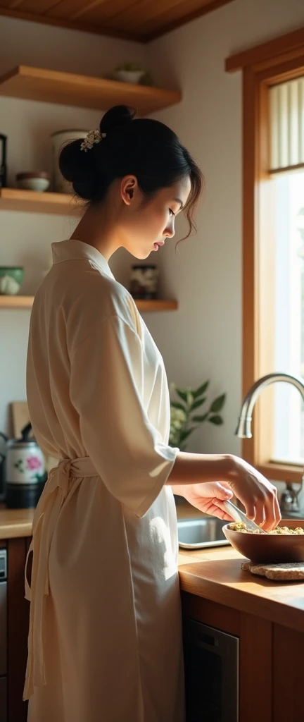 Just married Japanese house wife,29 year old cooking dinner, kitchen, updo hair style, side shot, full body shot,