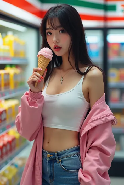 Anefomically Correct,A beautiful young Asian sexy woman, detailed beautiful eyes and face, standing sideway in front of the merchandise shelf to choose any products in the 7-11 store.Licking Lips, She is wearing a tiny white tank top, a pair of sexy blue j...