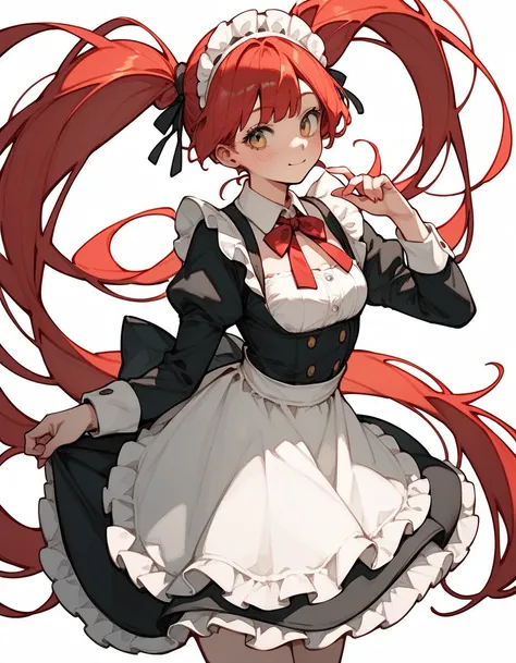 lady in a maid outfit , anime girl in a maid costume, pretty anime girl, cute anime girl, an anime girl, red hair, long twintail hair, anime visual of a cute girl, (anime girl), simple background, white background