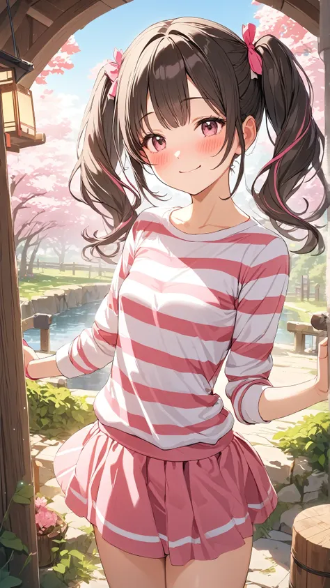 1 girl, ( cute face),  twin tails, to many hairstyle, (blush:1.3), Embarrassed smile,  small breasts,  Striped Blouse,  short skirt,  Pottery skin ,  cowboy shots, break,  Soft Highlights , ( bright pink:1.3), A dreamy atmosphere, break, Cherry Blossom Vie...