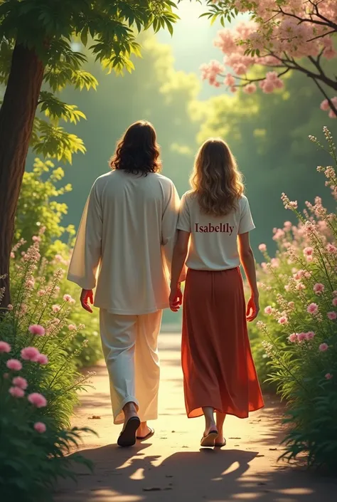  Jesus walking next to a woman with his back and on the womans t-shirt written ISABELLY , they are walking in a beautiful garden  