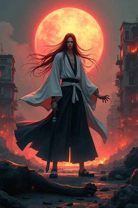 Kubo Taito、bleach 、Kenpachi Saraki、Long black hair、grim Reaper、Big Sword、 white and black kimono、Man with eyepatches、 A black and white aura is wrapped around the body、 black light is flying around 、 The background is a ruined city ravaged by demons 、Its b...