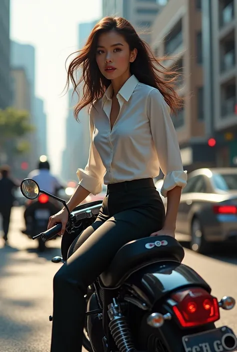 A girl in a back seat of bike in formal pant ass