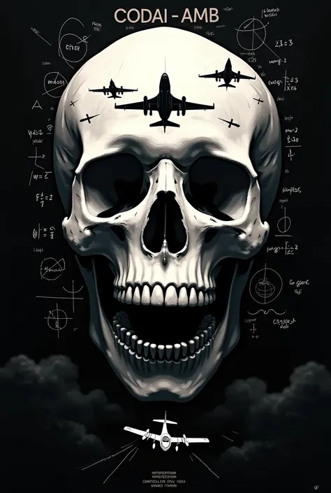  with missiles I want an image of a white skull with a black background that shows an optical illustration of doing mathematical calculations; On top of this 1 F-16 and Sukhoi 30Mk2 aircraft from Venezuela shooting down enemy aircraft type Cesna 182 .  
 w...