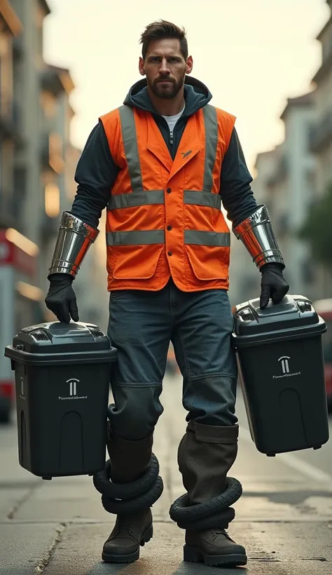 "A humble hybrid of Lionel Messi and a garbage collector operates the truck. His upper body is muscular but dressed in reflective work gear, and his arms feature mechanical enhancements for lifting heavy bins. His legs transition into rugged tire-like stru...