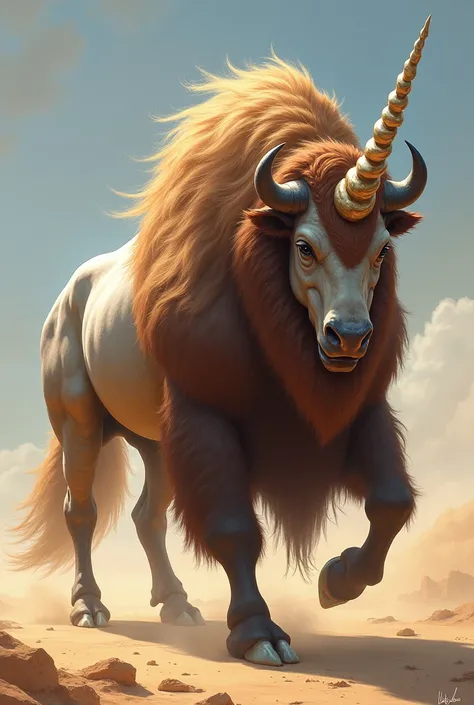 Design a majestic and powerful hybrid creature that merges the mythical grace of a unicorn, the strength and bulk of a bison, and the endurance of a camel. The creature should have the sleek, horse-like body of a unicorn, with a shimmering spiral horn on i...