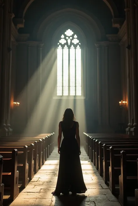  Creates an image where a woman appears with her back praying towards a majestic atrium of a Gothic church with epic film light entering through the main window in front of the shot.  A somewhat dark atmosphere and mysteries ,  with a wide-angle lens with ...