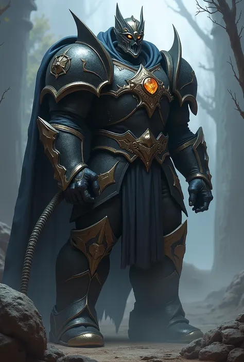 overwatch style character, role tank, gothic style with armour and whip as his weapon, less armour on legs and more clothes, cloth on one side, wearing helmet
