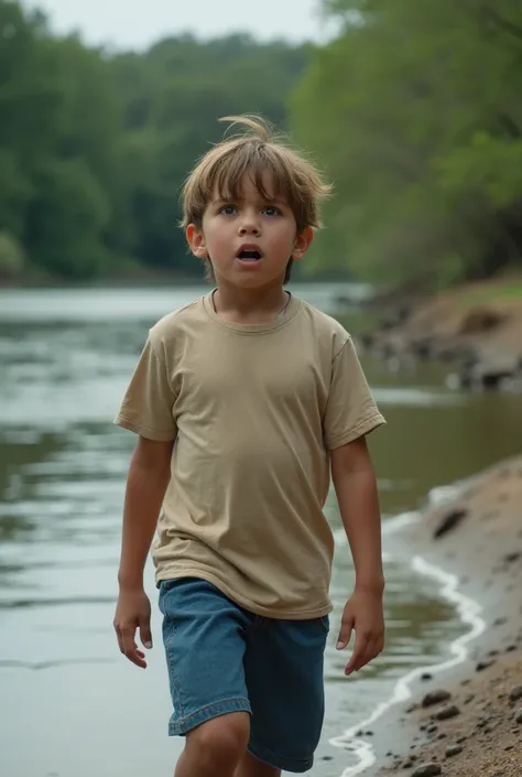 Real photo of a ten-year-old light-haired Latino boy with black hair wearing blue shorts and beige t-shirt walking along a river bay with a frightened and terrified face 