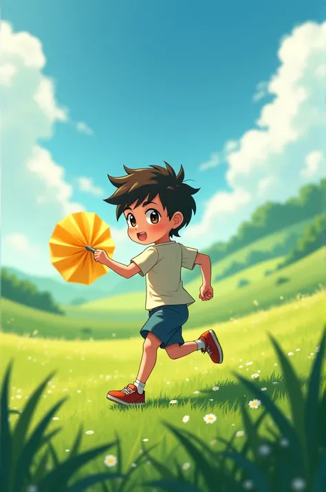 Anime boy running in the middle of the field holding the light-yellow paper spinning wheel and he is looking backwards while hes running 