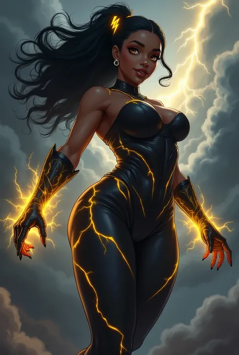 ((detailed beautiful dark skin anime thunder goddess)) curvy thick slim figure, ((dark yellow glowing weather storms in the background)) beautiful breast, beautiful detailed big booty, (dynamic pose) ((black goddess style clothes with glowing yellow lightn...