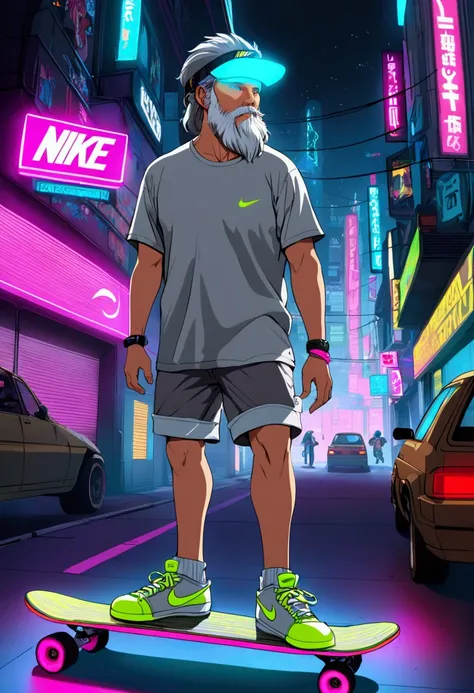 A, old cyborg (gray hair and beard, 80s tshirt and shorts, male, nike shoes, fancy neon helmet and visor, calm, a few high tech gizmos) skateboarding through a cyberpunk neon trimmed city
