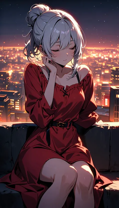 HD 8k Handsome sexy-cute, Solitary, 1 HD-8k Human focus female, Medium Length Hair, white hair, ponytail hair bun, closed Eyes, R&B Relaxing stile, vibrant, cityscape, night, sexy red dress,