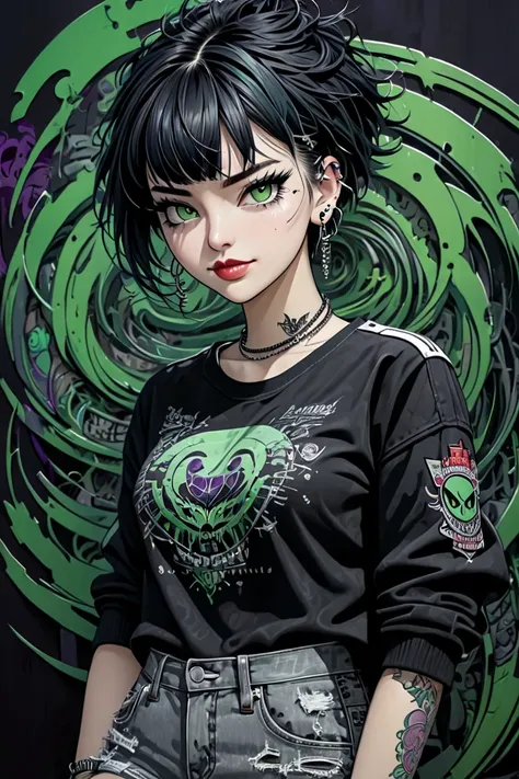 illustration, detailed illustration, ultra detailed, 25 year old girl, short hair, messy hair, green highlights, black hair, gray eyes, earrings, helix piercing, neck tattoo, purple, t-shirt, torn jeans, evil smirk, arrogant, disdainful, leather jacket