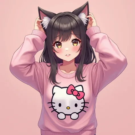 a girl wearing a hello kitty sweatshirt is standing with her hands up, computer graphics, ulzzang, very beautiful anime cat girl, photorealistic anime girl render, popular korean makeup, female anime character