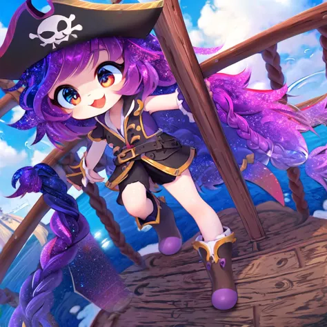 quality\(8k,wallpaper of extremely detailed CG unit, ​masterpiece,hight resolution,top-quality,top-quality real texture skin,hyper realisitic,increase the resolution,RAW photos,best qualtiy,highly detailed,the wallpaper\),solo,1catgirl\(cute, kawaii,small ,hair color cosmic,braid hair,messy hair,eye color cosmic,big eyes,smile,have an eyepatch on right eye,smirk,pirates costume,dynamic pose,dinamic action,dynamic angle:1.4,full body\),background\(on the wooden ship,beautiful sea,simple\),(dynamic angle:1.6),draw human hand very correctly,