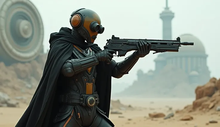 a cinematic photograph of a character in full shot in profile pointing an ultra futuristic rifle at the sky, dressed in black cloaks, and torso covered in armor, helmets with 5 black lenses distributed around the orange helmets, in a science fiction, post-...