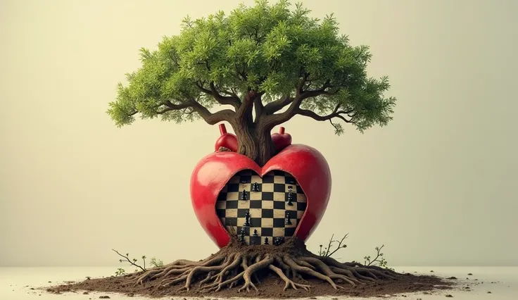 Create a heart with a tree coming out of the neck, that there is a chessboard in the body, and is decorated with roots and soil