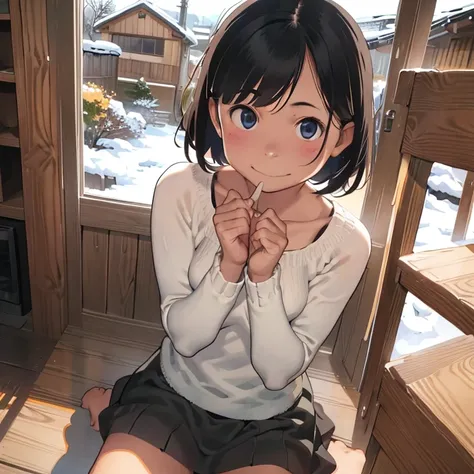  one girl、 pretty girl、Inside the house、 sitting in front of a fireplace 、(Wariza、one knee raise )、Outside the window is a snowy landscape、 detailed hair、 detailed face 、 detailed skin、 small breasts、( cleavage、Shoulder Bare)、( short skirt、Warm sweater )、B...