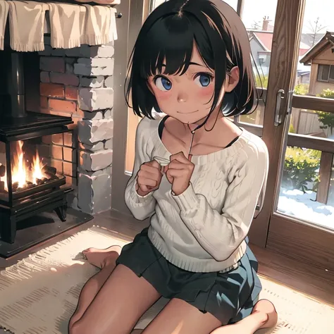  one girl、 pretty girl、Inside the house、 sitting in front of a fireplace 、(Wariza、one knee raise )、Outside the window is a snowy landscape、 detailed hair、 detailed face 、 detailed skin、 small breasts、( cleavage、Shoulder Bare)、( short skirt、Warm sweater )、B...