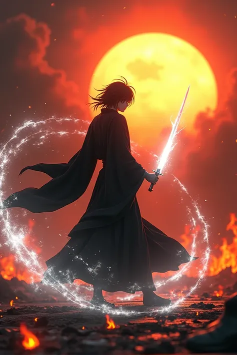 Kubo Taito、bleach 、 Kuchiki Rukia 、 black hair、grim Reaper、knife、Black kimono、 A white aura is wrapped around the body、 white light is flying around 、 The background is a ruined village ravaged by demons 、Its burning all over 、16k、 super high definition 、 ...