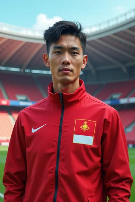 Laki laki umur 25 tahun, wearing a red jacket with the red and white flag logo Indonesia, and the South Indonesia flag Football stadium background 