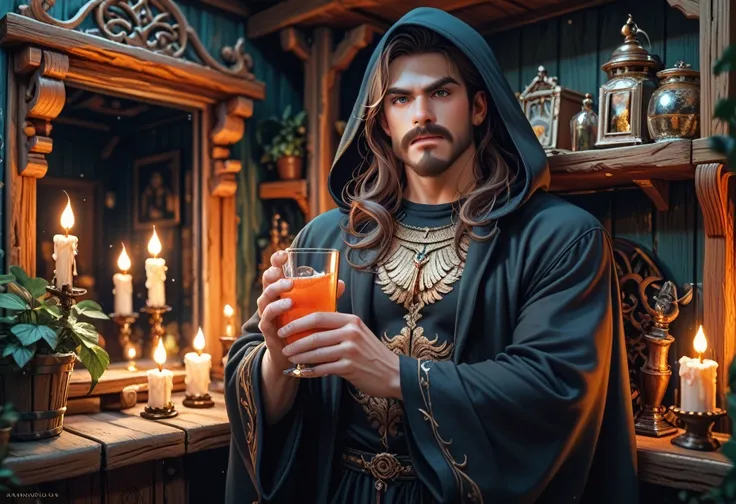 (masterpiece, Highest quality), (1boy, solo, (hes standing, drinking from a cupboard)), (boy is man, (wearing a black robe, hood), muscular, bulky (detailed olive eyes and face), (brunette long hair, mustache, beard), angry ), (hut interior, candles, at ni...