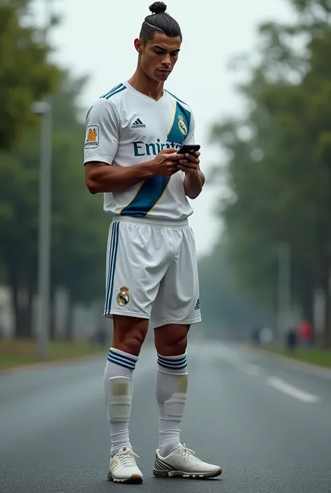 Ronaldo with no pony in real Madrid shirt using phone on road 