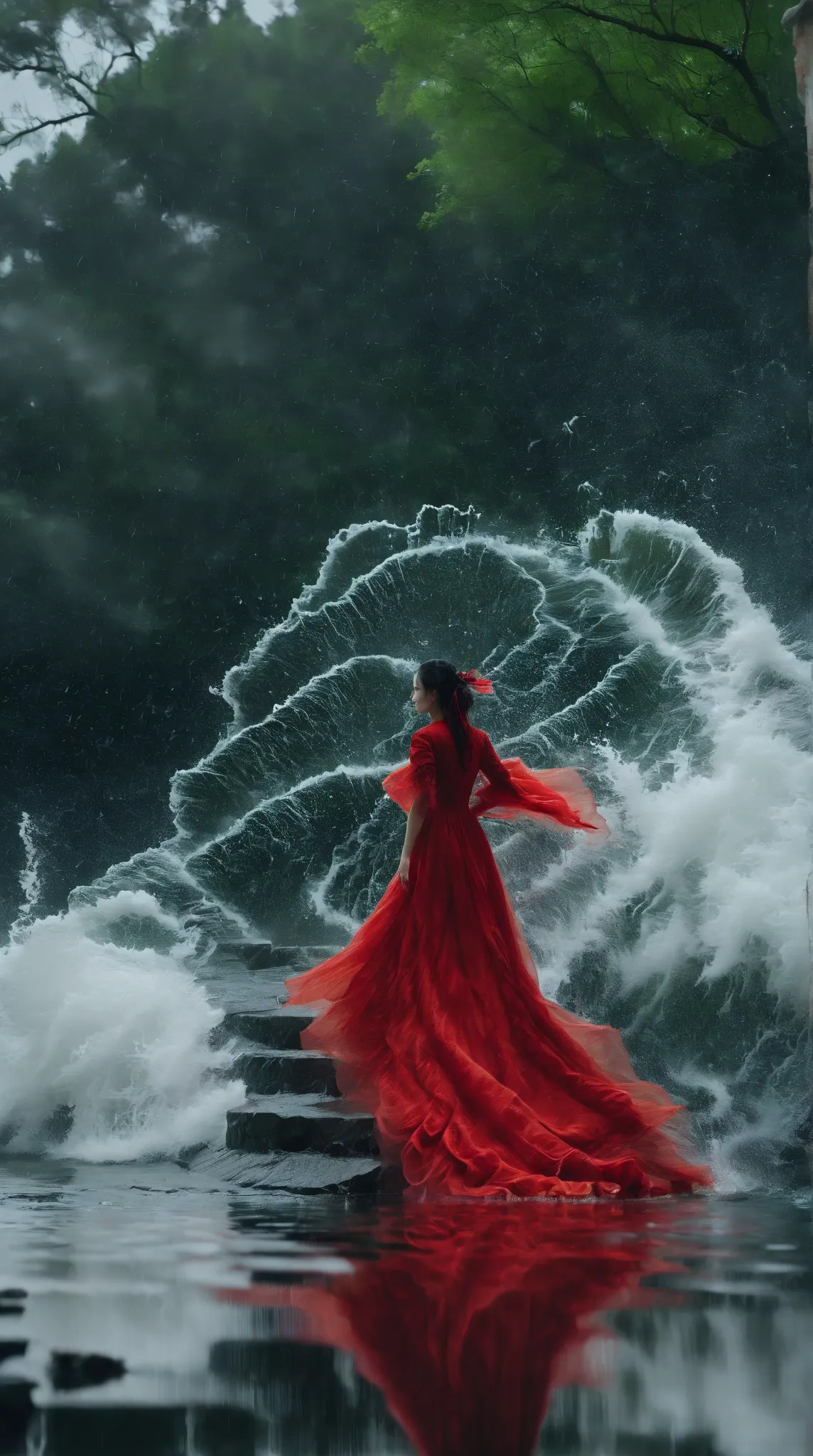 (masterpiece, best quality:1.2), 1girl, solo, walkwoman，water, storm, earth, long red dress